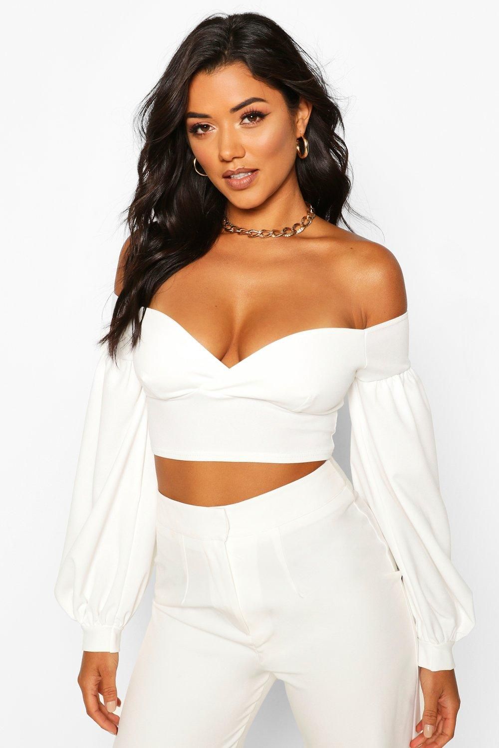 Womens Off The Shoulder Sweetheart Crop Top - White - 2 | Boohoo.com (US & CA)