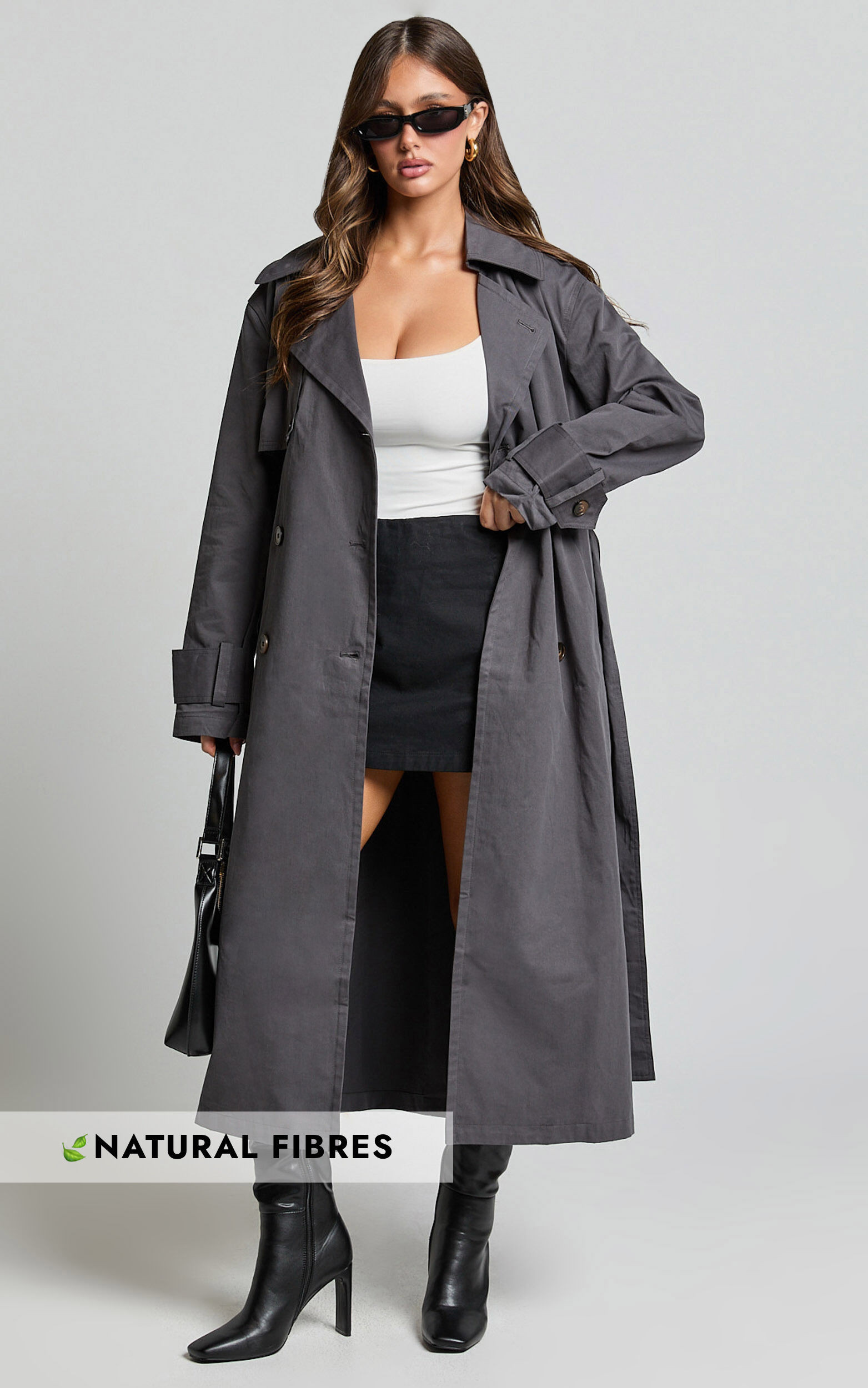 Avah Trench Coat - Double Breasted Tie Waist Coat in Charcoal | Showpo (US, UK & Europe)