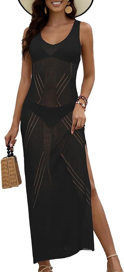 Bsubseach Women Swimsuit Cover Up 2024 Crochet Hollow Out Coverups Sleeveless Knit Beach Dress | Amazon (US)