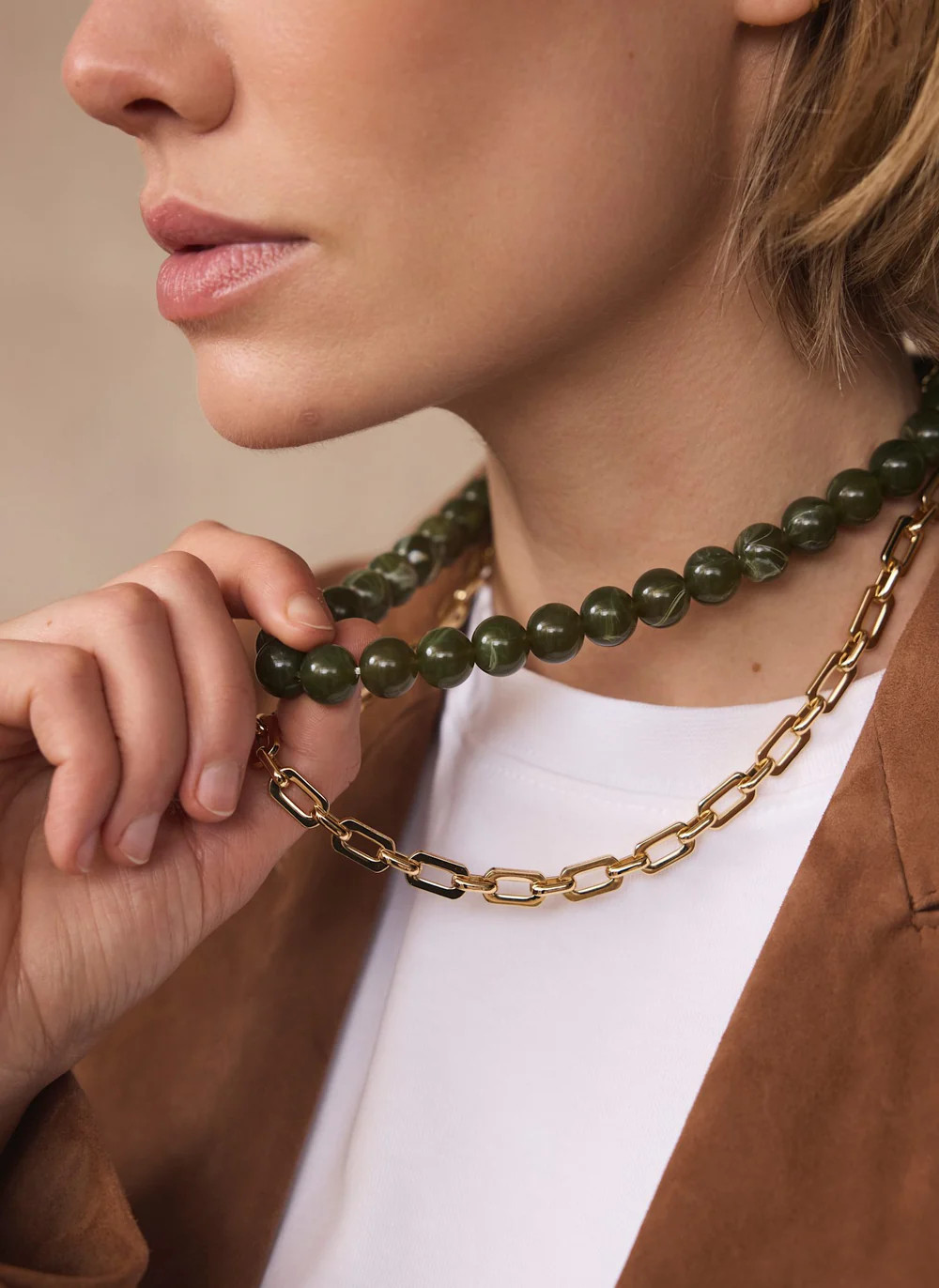 Green Beaded and Chain Layer Necklace | Mint Velvet