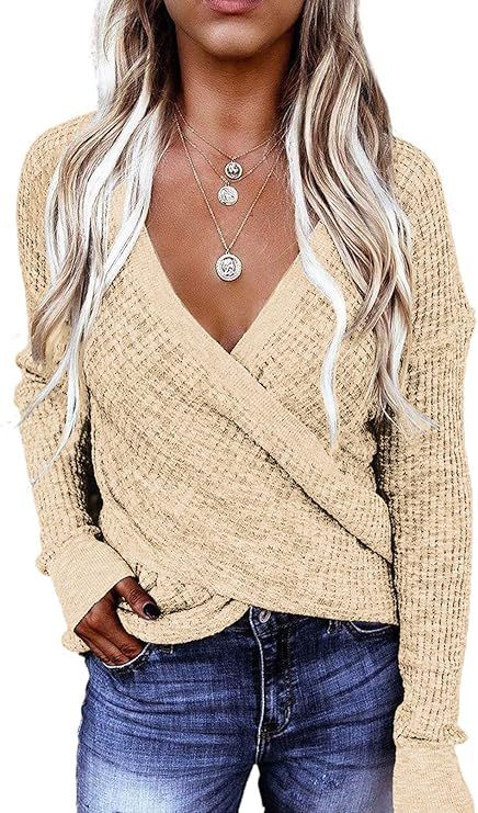 Dokotoo Womens 2022 Elegant Deep V Neck Wrap Long Sleeve Chunky Cable Knit Jumper Pullover Sweate... | Amazon (US)