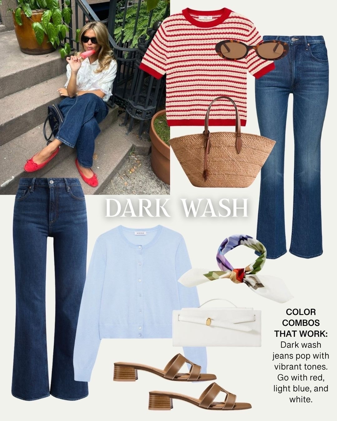 Color combos that work with dark denim: dark wash jeans pop with vibrant tones. Go with red, light blue, and white!

#LTKOver40 #LTKootd #LTKSeasonal