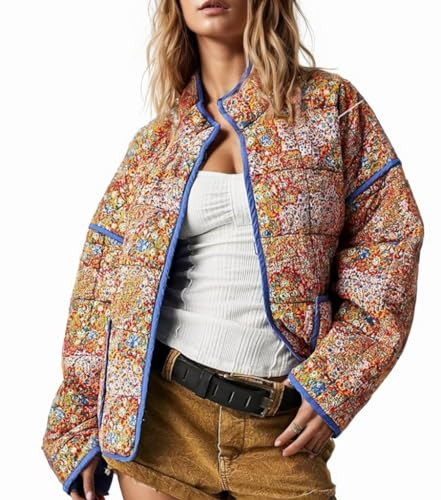 Yozazzy Women's Cropped Floral Quilted Jacket Lightweight Open Front Padded Puffer Coat(Orange-XS) | Amazon (US)