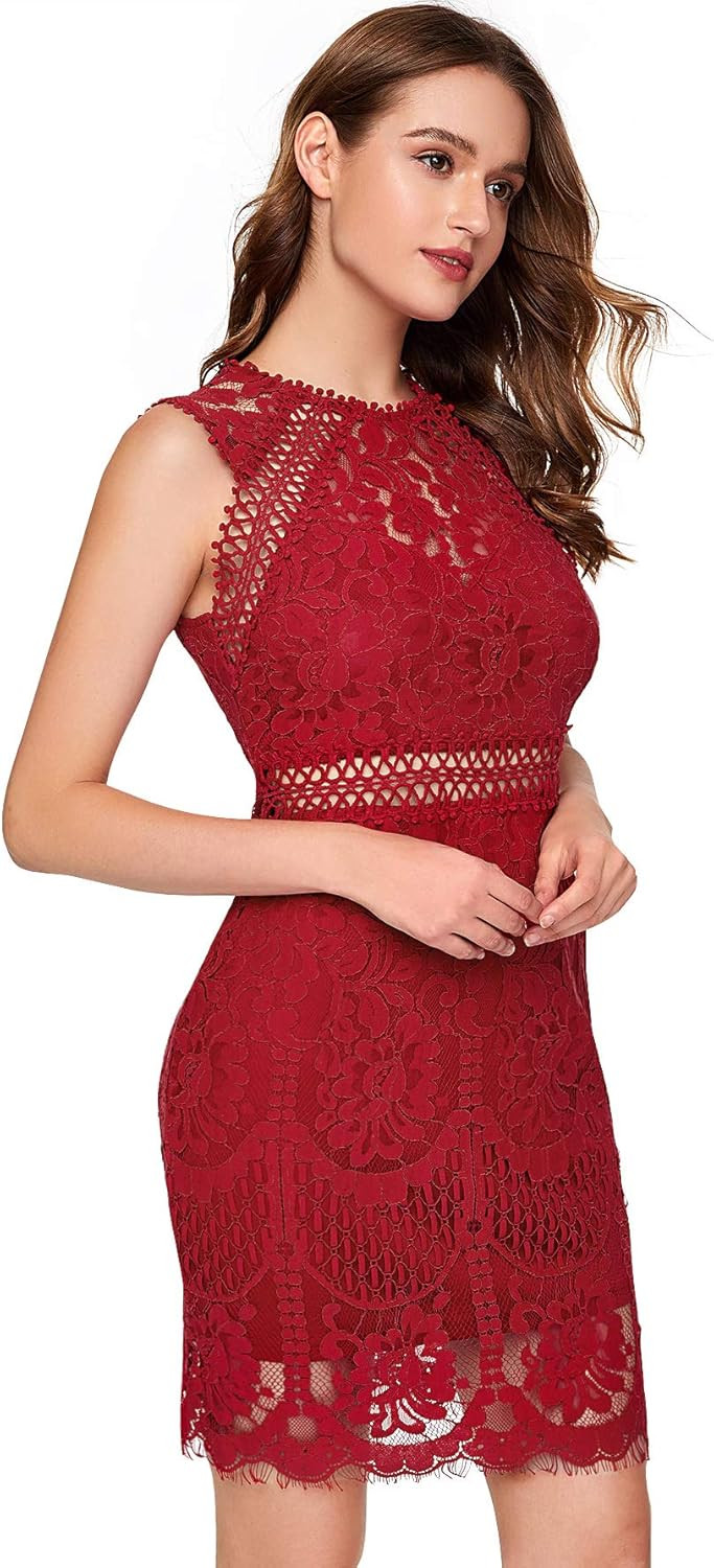 Verdusa Women's Sleeveless Scalloped Hem Fitted Floral Lace Bodycon Dress | Amazon (US)