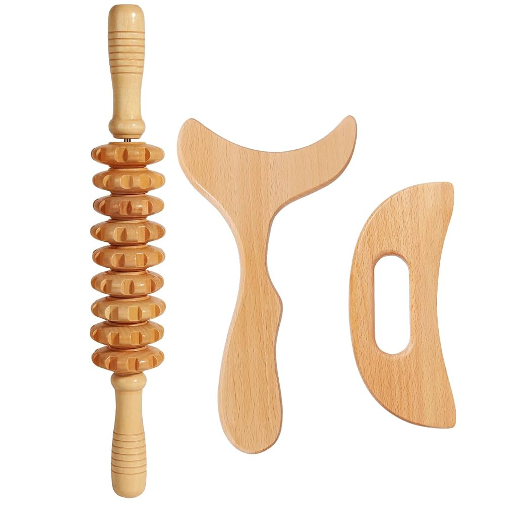 Lymphatic Drainage Massager Manual Wooden Fascia Massage Roller and Gua Sha Tool Set for Body Rel... | Amazon (US)