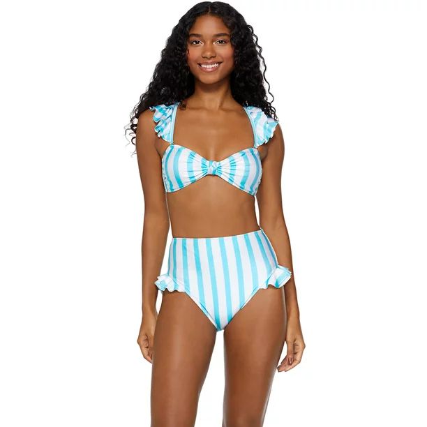 No Boundaries Juniors Blue Stripe Ruffle Strap Swim Top | Walmart (US)