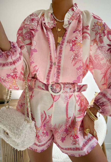 Boho Floral Puff Sleeve Top and Belted Shorts Set in Pink for Vacation & Weekend Brunch | Chicwish