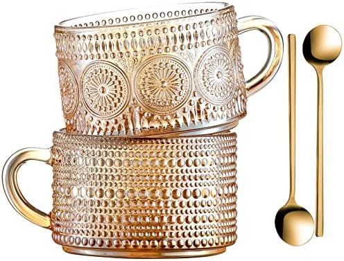 Gezzeny Vintage Coffee Mugs 14 Oz Set of 2 Amber Embossed Glass Tea Cups for Cappccino, Latte,Cer... | Amazon (US)