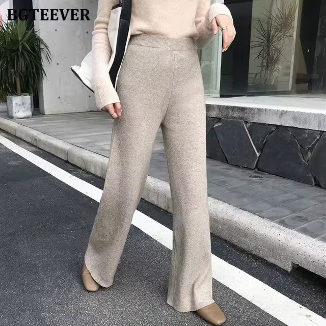 Bgteever Autumn Winter Women Thick Pant Loose Elastic Waist Straight Leg Knitted Long Pant 2021 L... | AliExpress (US)