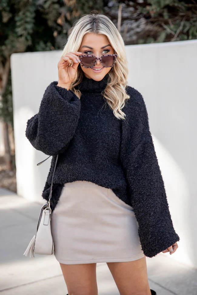 Never Replace You Black Fuzzy Oversized Turtleneck Sweater | Pink Lily