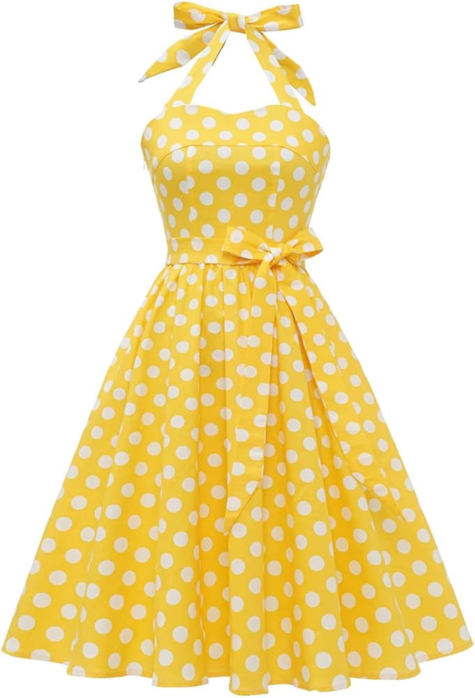 Vintage Women 1950s Rockabilly Swing Dress Pinup 50s Retro Hepburn Style Halterneck A-Line Dresse... | Amazon (US)