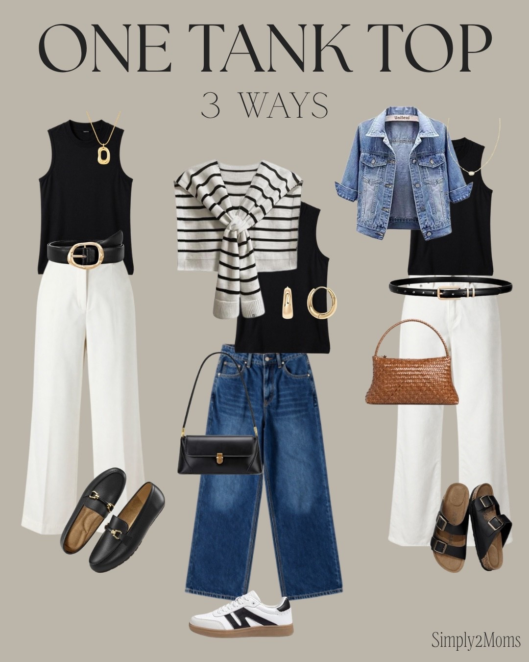One black tank top styled three ways with white wide leg jeans, relaxed denim, layered jewelry, lightweight sweaters, denim jackets, woven bags, loafers, sneakers, and casual sandals. Simple wardrobe basics mixed with classic accessories for casual everyday outfits, travel outfits, lunch dates, errands, and easy summer styling. Versatile capsule wardrobe pieces that can be dressed up or down and worn multiple ways throughout the season.

#LTKootd #LTKmomlife #LTKWorkwear