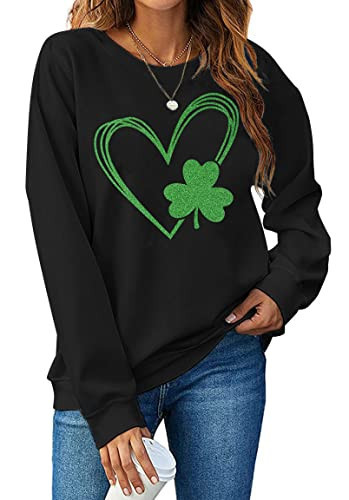 LHBNK St. Patrick's Day Sweatshirt Women Shamrock Heart Shirts Irish Gift Crewneck Casual Loose Fit Tops Black | Amazon (US)