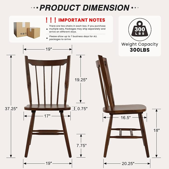 HNY Walnut Windsor Dining Chairs Set of 4, Farmhouse Wooden Kitchen Chairs with Spindle Back, Mid... | Amazon (US)