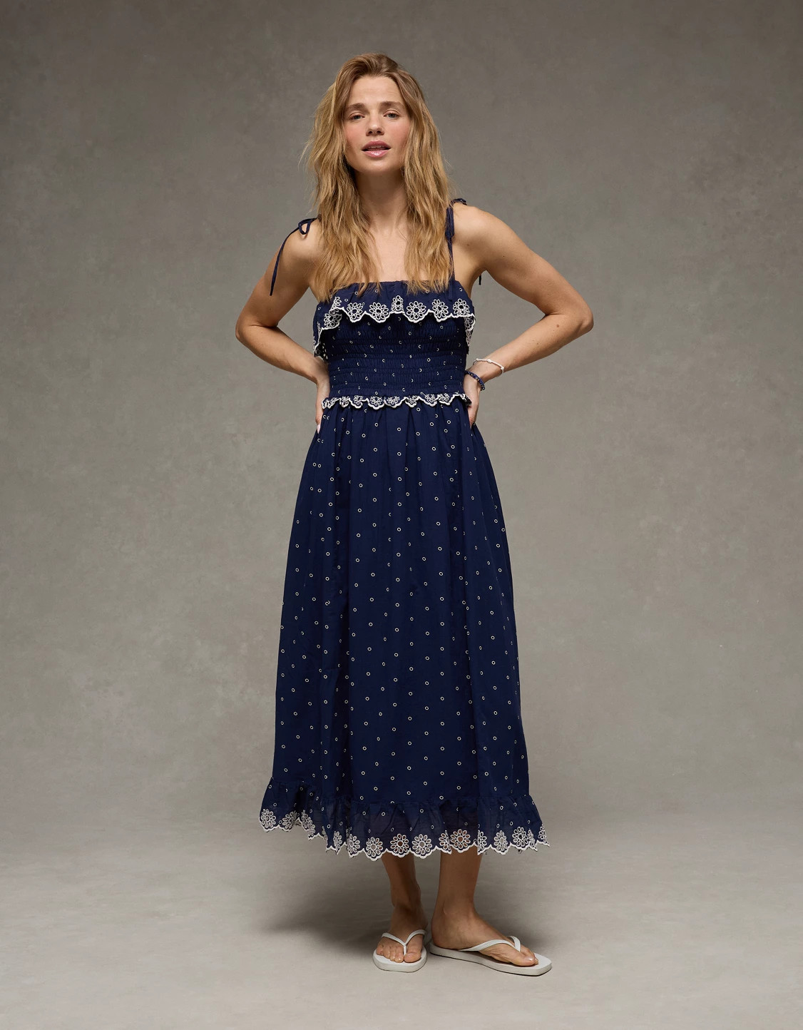 AE Smocked Tie-Strap Midi Dress | American Eagle Outfitters (US & CA)