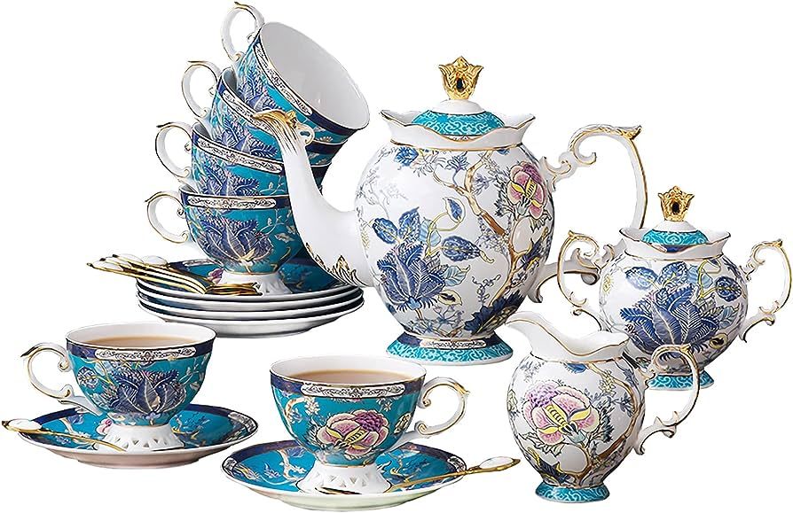ACMLIFE Bone China Tea Set for 6 Adults, 21 Piece Vintage Tea Cup Set, Blue Floral Tea Sets for W... | Amazon (US)