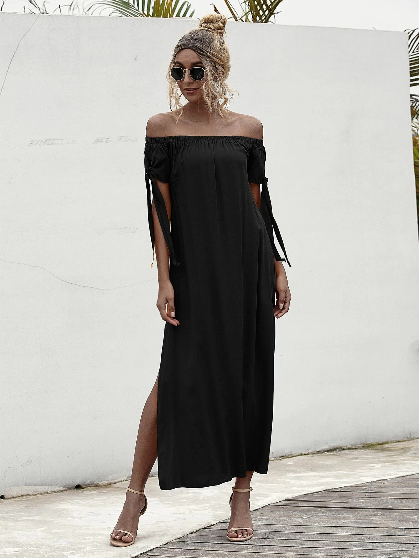 Off Shoulder Knot Cuff Split Hem Dress | SHEIN