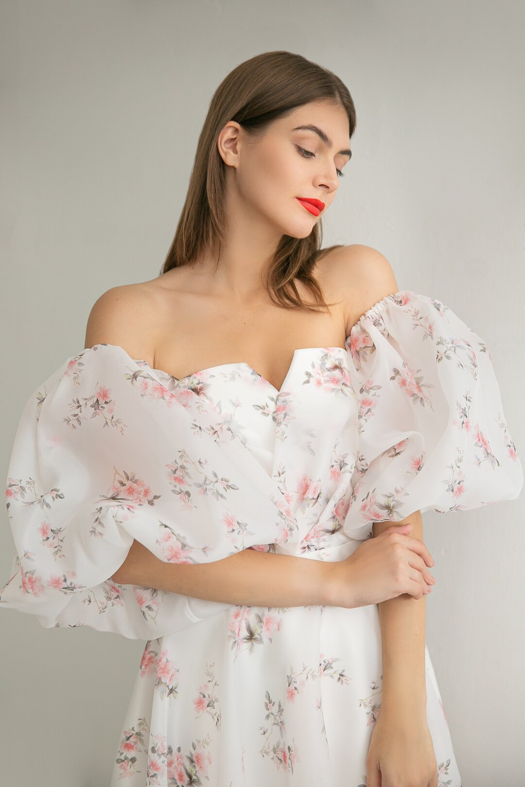 Midi wedding dress GRACE. Romantic floral print | Off The Shoulder Puff Sleeve | Reception dress | Etsy (US)