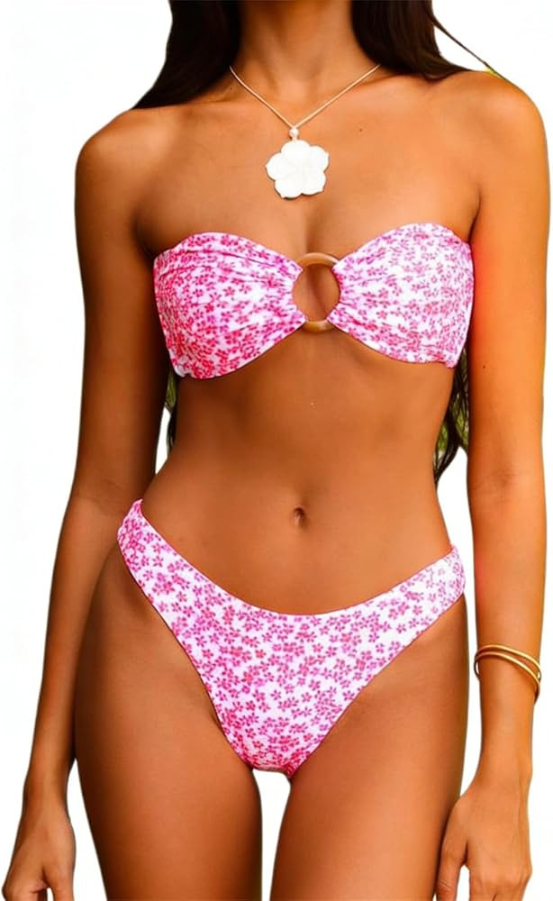 Women Floral Bandeau Bikini Set O Ring Strapless Tie Back Bikini Top High Cut Cheeky Thong Bathin... | Amazon (US)