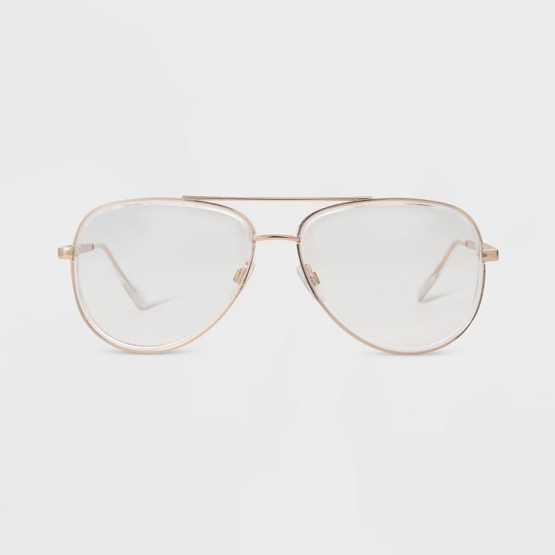 Women's Gloss Metal Aviator Blue Light Filtering Reading Glasses - Universal Thread™ Clear Gold | Target