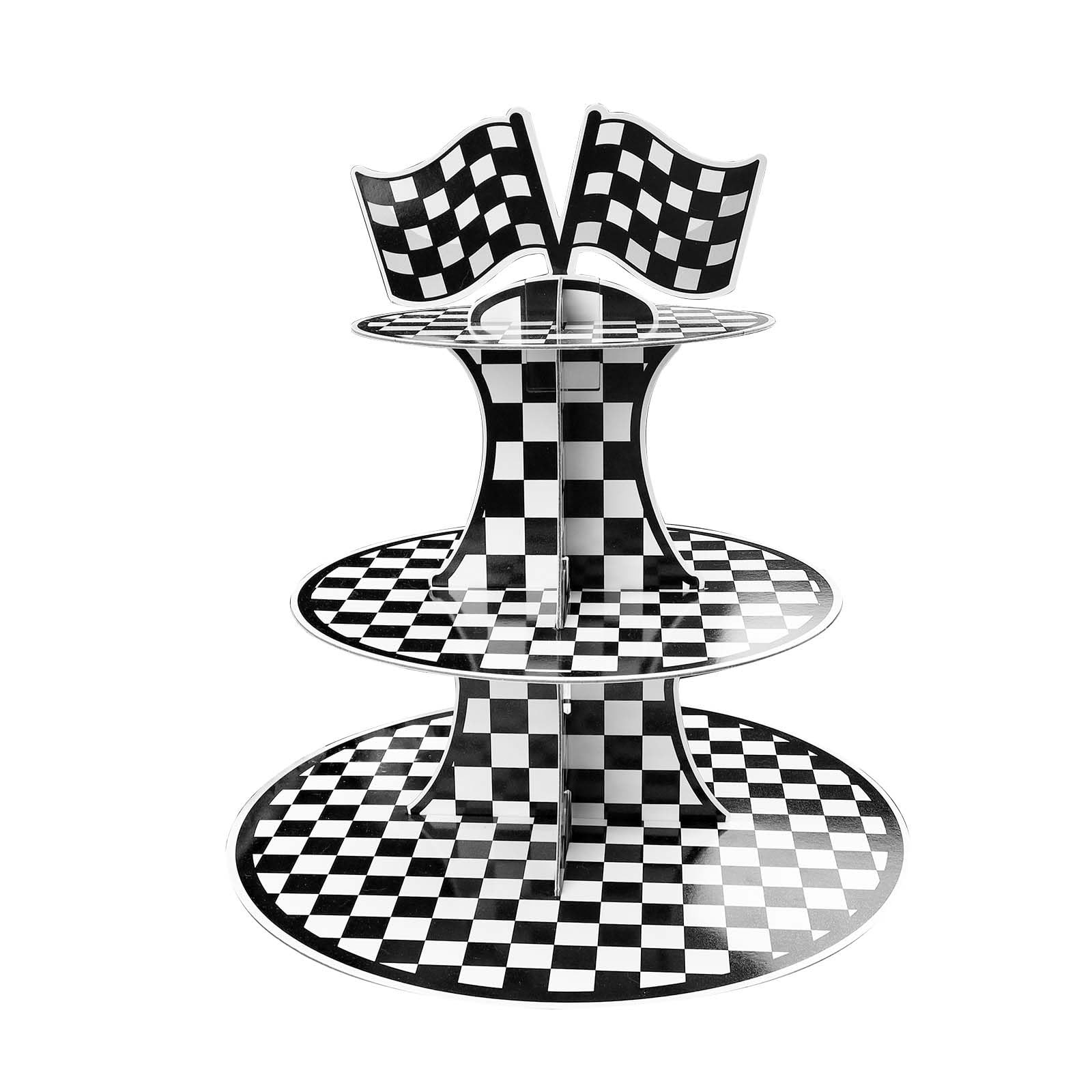3-Tier Cupcake Stand, Black and White Checkered Flag Cars Theme Birthday Party Decoration, Durabl... | Amazon (US)