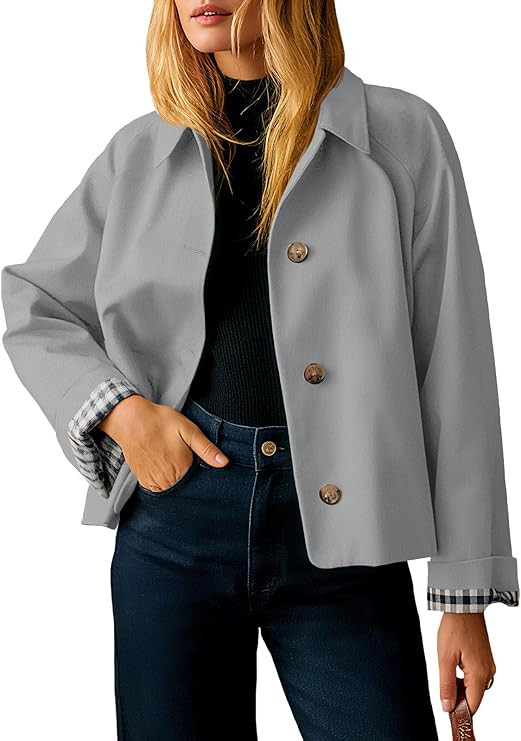 Tankaneo Womens Cropped Trench Coat Lightweight Single Breasted Jacket Fall Windbreaker Fashion O... | Amazon (US)