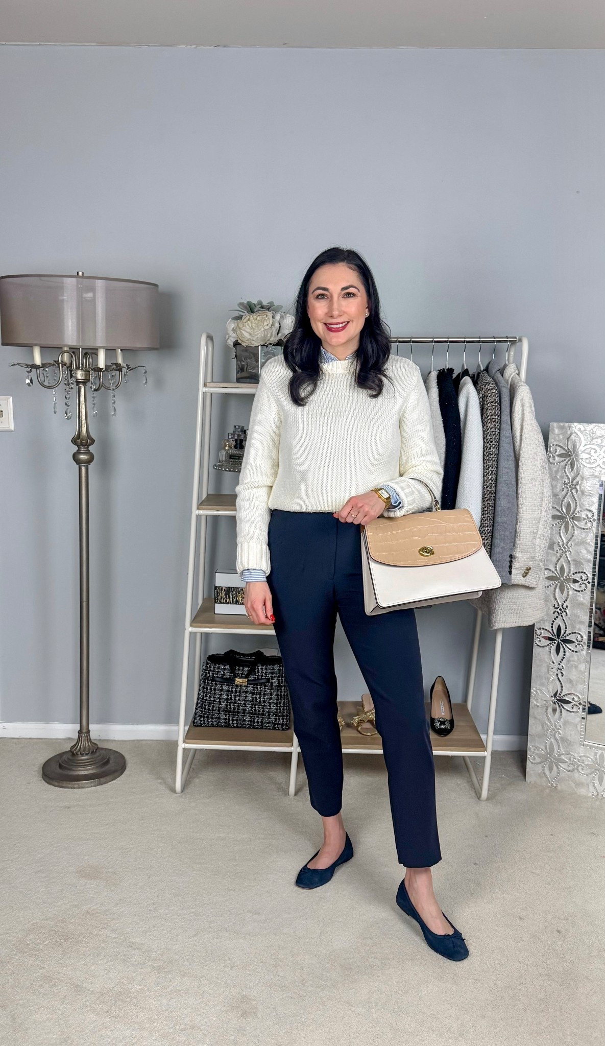 Classic business casual work outfit 💙🤍

Cream sweater size small, TTS
Blue and white striped collared button up 
Navy pants 
Navy ballet flats 

Work wear 
Office outfit 

#LTKSaleAlert #LTKSeasonal #LTKWorkwear