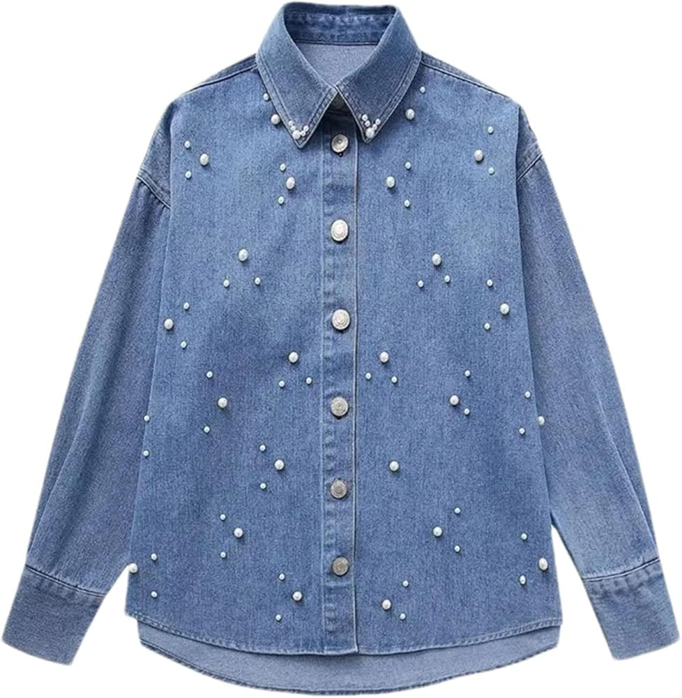 Women's Beads Embellished Denim Shirt Solid Colorvintage Buttons Long Sleeve Loose | Amazon (US)
