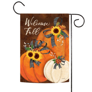 Orange and Brown Pumpkin Greetings Fall Outdoor Garden Flag 18" x 12.5 | Christmas Central