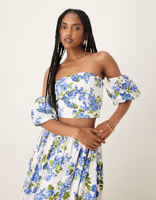 YAS off shoulder volume sleeve top co-ord in blue and white floral | ASOS (Global)