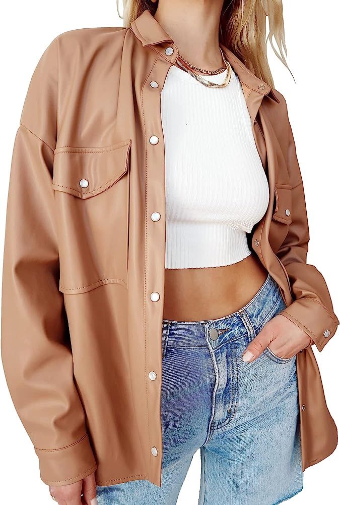 Womens Leather Shirt Jacket Lapel Button Down Pocket Solid Oversized Shacket Coat | Amazon (US)