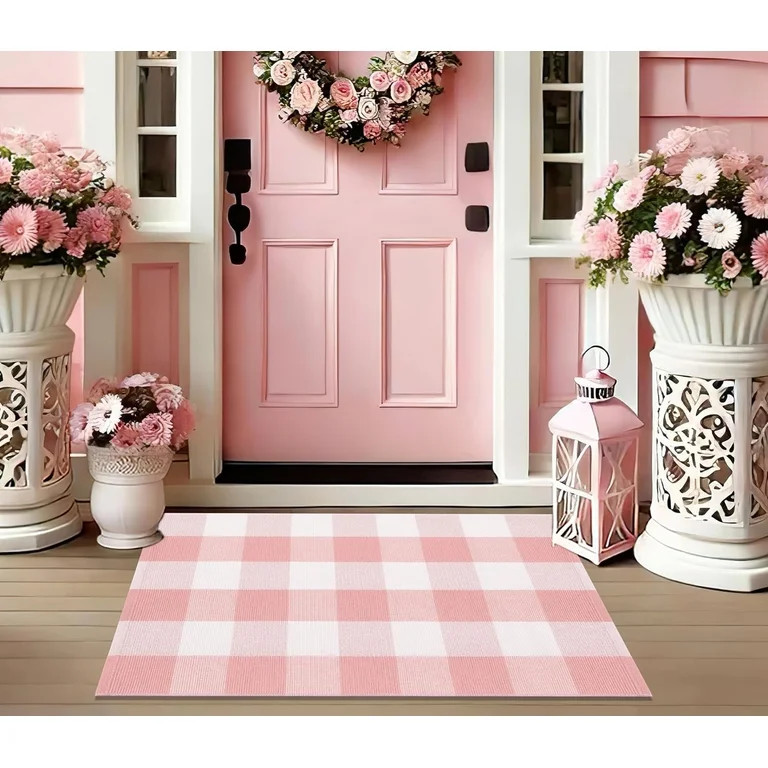 Valentine's Day Pink and White Front Door Mat 24''X35'' Buffalo Plaid Checked Front Porch Rug Cot... | Walmart (US)