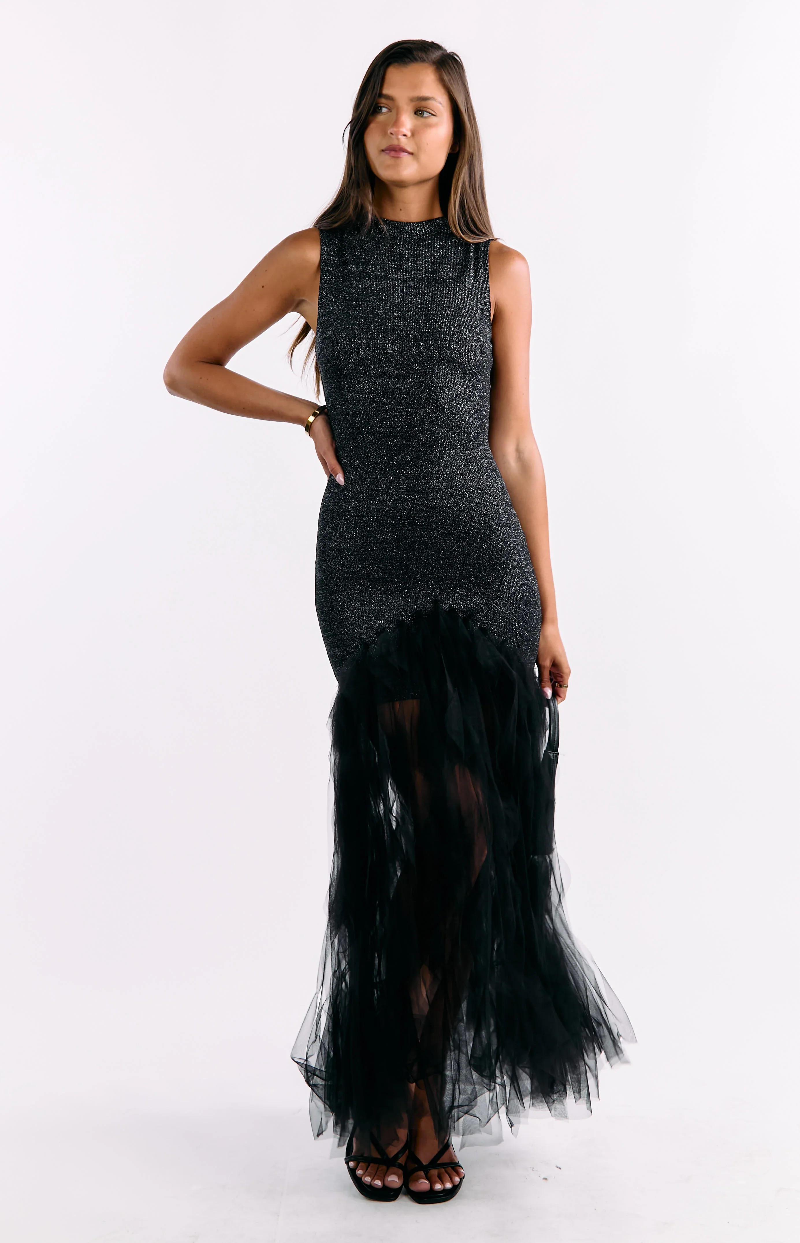 Courtni Black Sequin Ruffle Maxi Dress | Beginning Boutique (US)