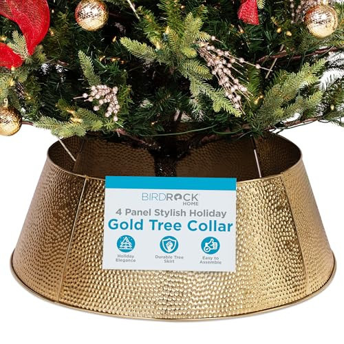 BIRDROCK HOME 4-Panel Hammered Metal Christmas Tree Collar - Stylish Holiday Tree Skirt Alternative - Durable Iron Construction Base Cover - Protects Tree Base from Pets - Easy Assembly - Gold | Amazon (US)