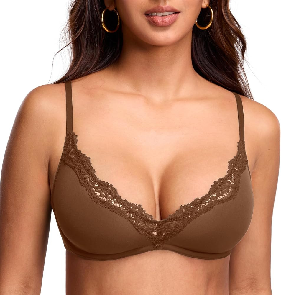 DOBREVA Women's Unlined Plunge Bra Lace Underwire | Amazon (US)
