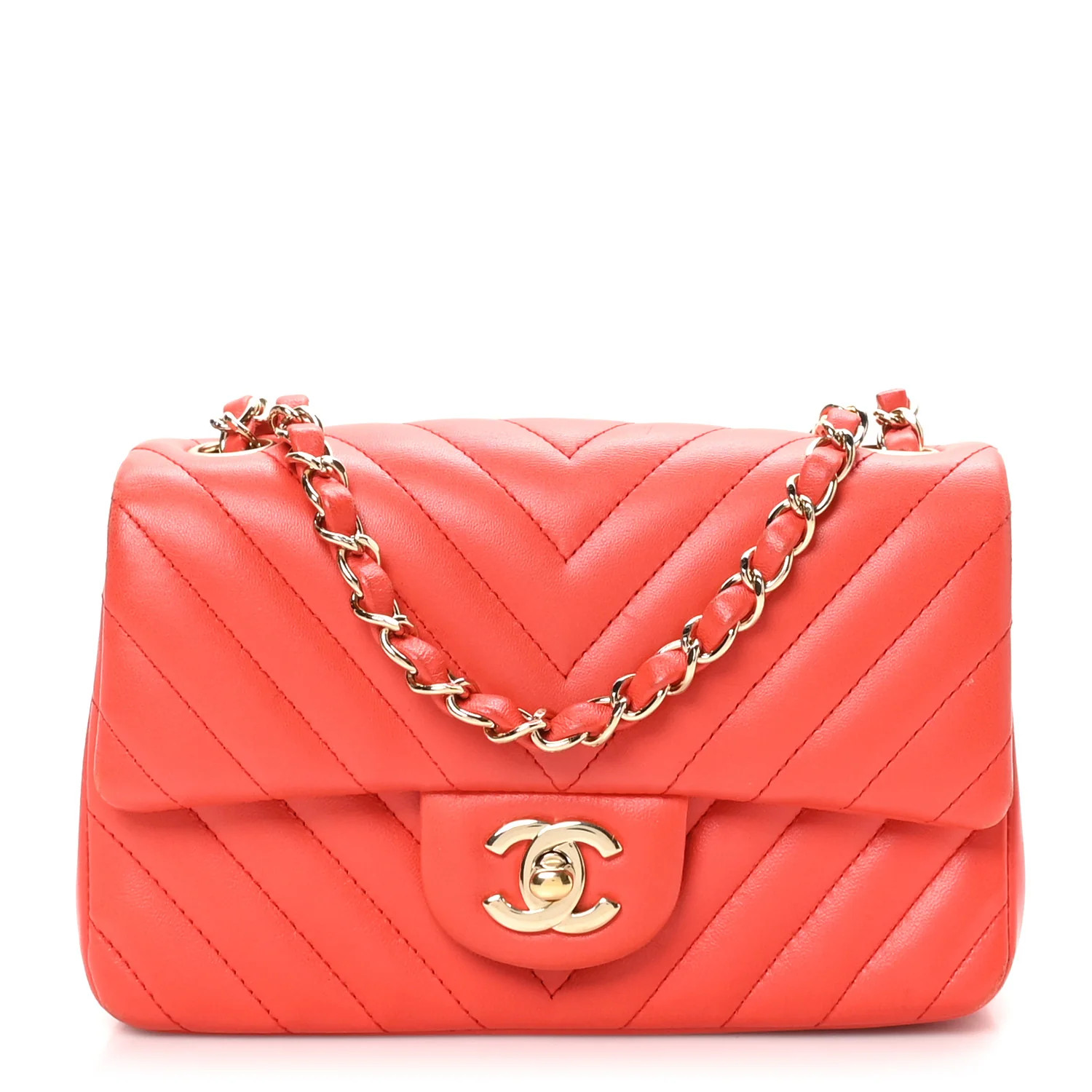 Lambskin Chevron Quilted Mini Rectangular Flap Red | FASHIONPHILE (US)