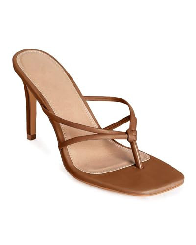 Coutgo Womens Heeled Sandals Strappy Square Toe Flip Flops Fashion Thong Slip on Stiletto Sandals, Brown, Size 6 | Amazon (US)