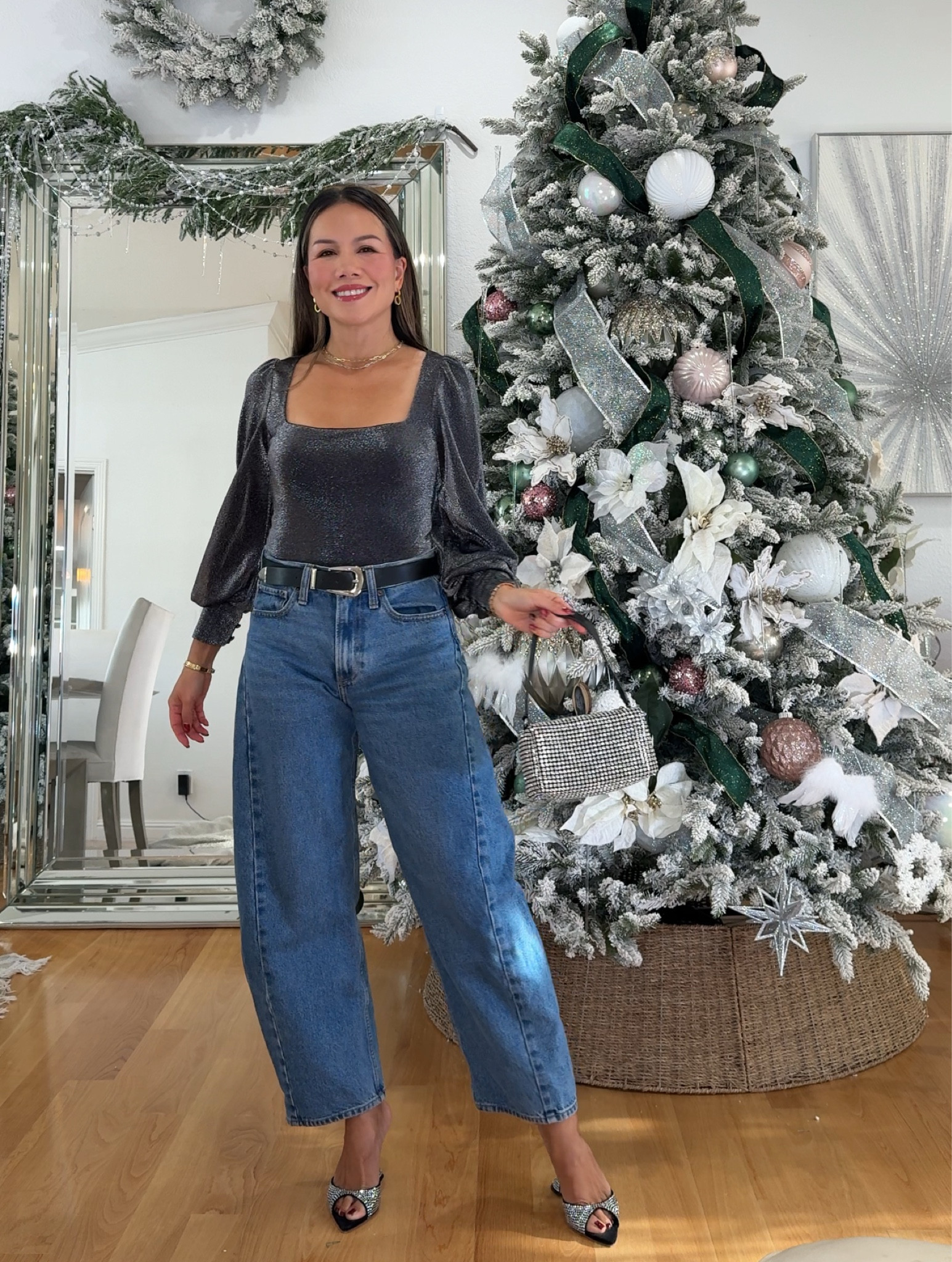 Looking for casual holiday outfit ideas? 🎄✨ Try styling barrel jeans with a shimmering bodysuit, sparkly heels, and statement bags for a chic yet comfy festive look!

P.S. These barrel-leg jeans are my current fave — super flattering and so comfortable. Perfect for holiday parties or a casual glam night out! 💫👖 What’s your go-to holiday outfit this season? 

#LTKHoliday #LTKFindsUnder100 #LTKStyleTip