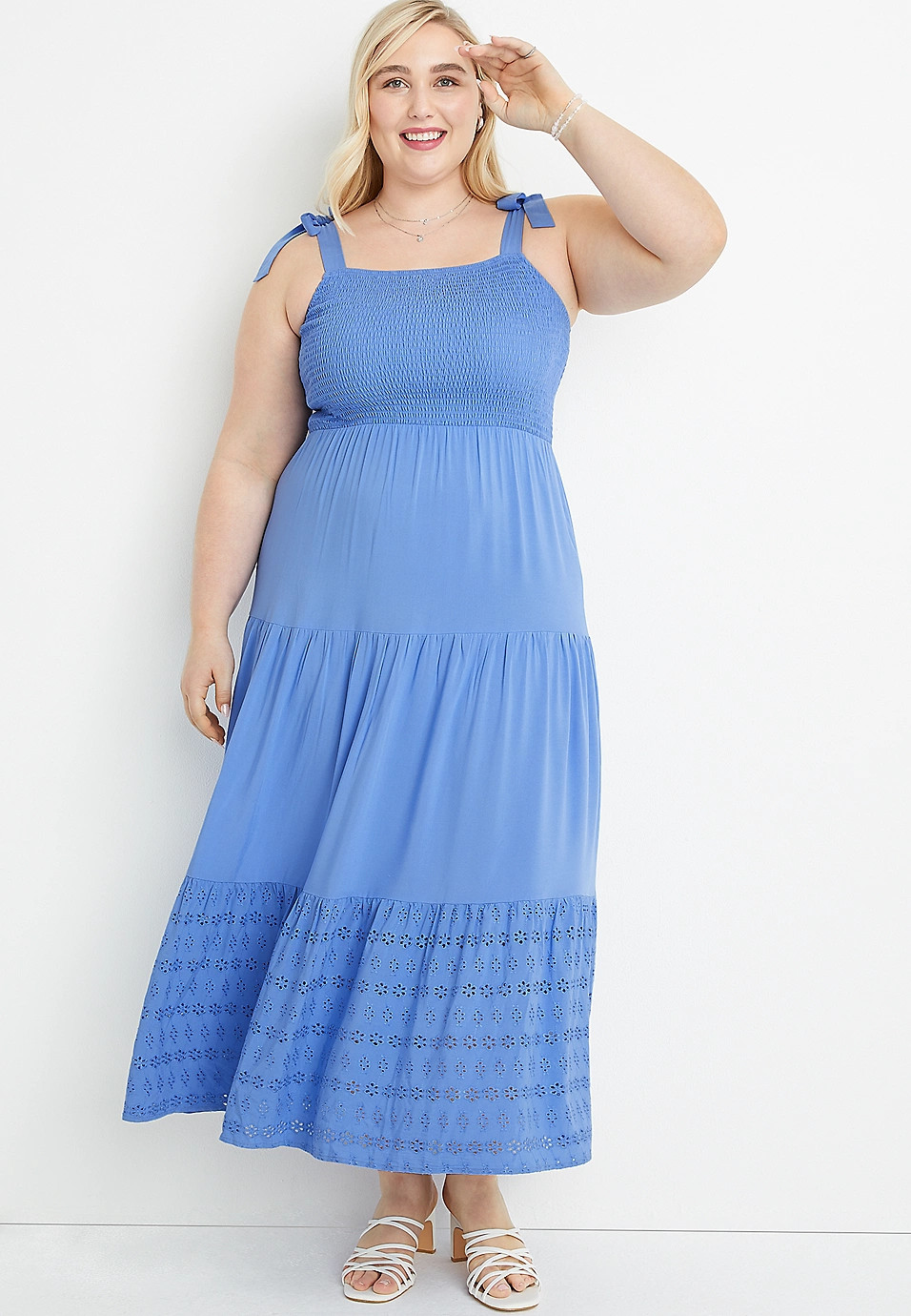 Plus Size Solid Smocked Shoulder Tie Maxi Dress | Maurices
