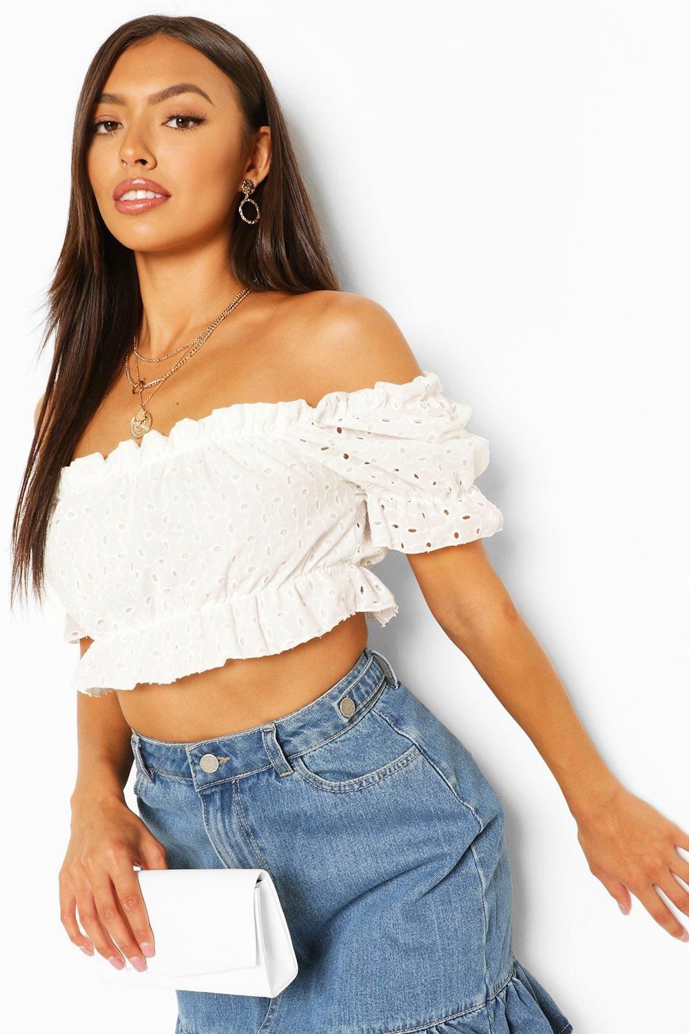 Womens Broderie Sqaure Neck Crop Top - White - 4 | Boohoo.com (US & CA)