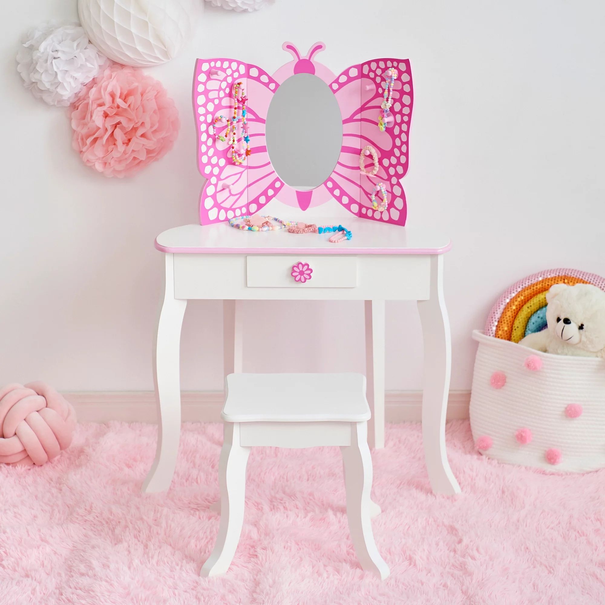 Teamson Kids Little Bella Butterfly Wooden Vanity Set with Stool, Pink/White | Walmart (US)