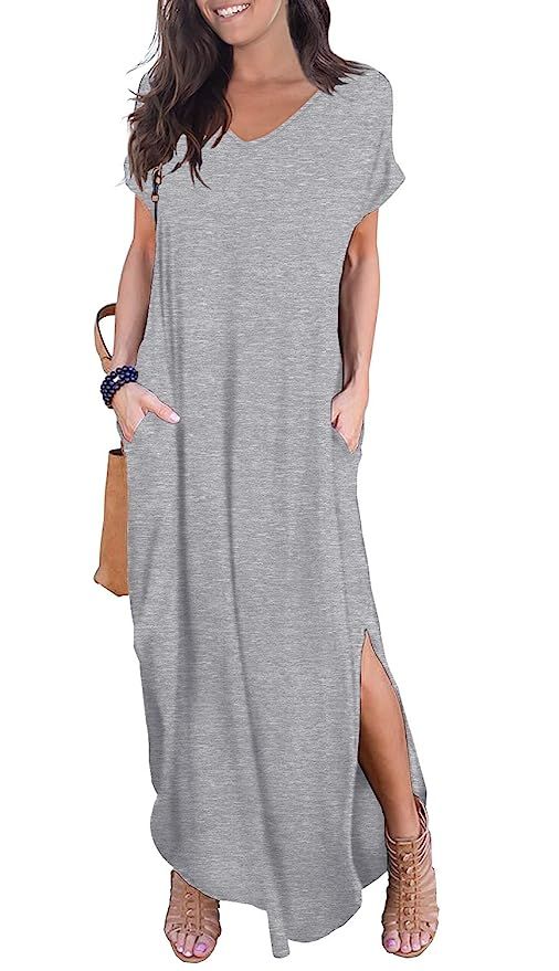 GRECERELLE Women's Casual Loose Pocket Long Dress Short Sleeve Split Maxi Dresses | Amazon (US)