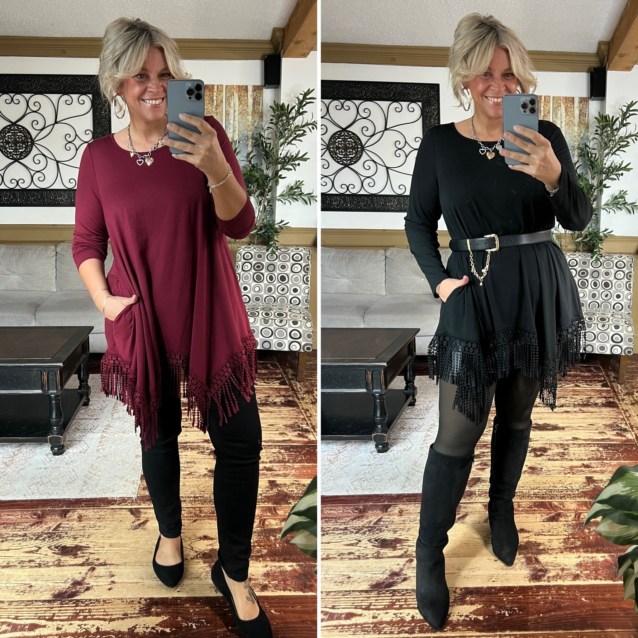 Tassel tunic size 12, skinny jeans size 14, faux leather skirt size xl, fleece lined tights size xxl

#LTKMidsize #LTKPlusSize #LTKFindsUnder50