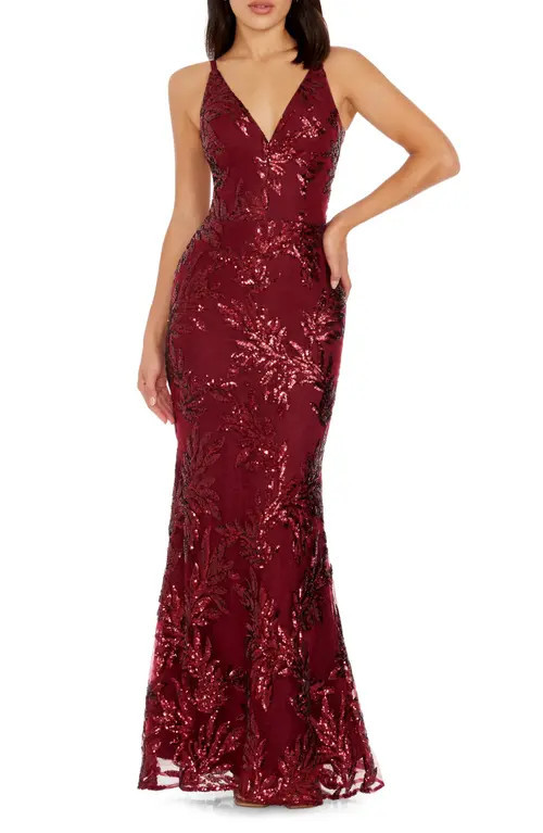 Dress the Population Sharon Embellished Lace Evening Gown in Burgundy at Nordstrom, Size X-Small | Nordstrom