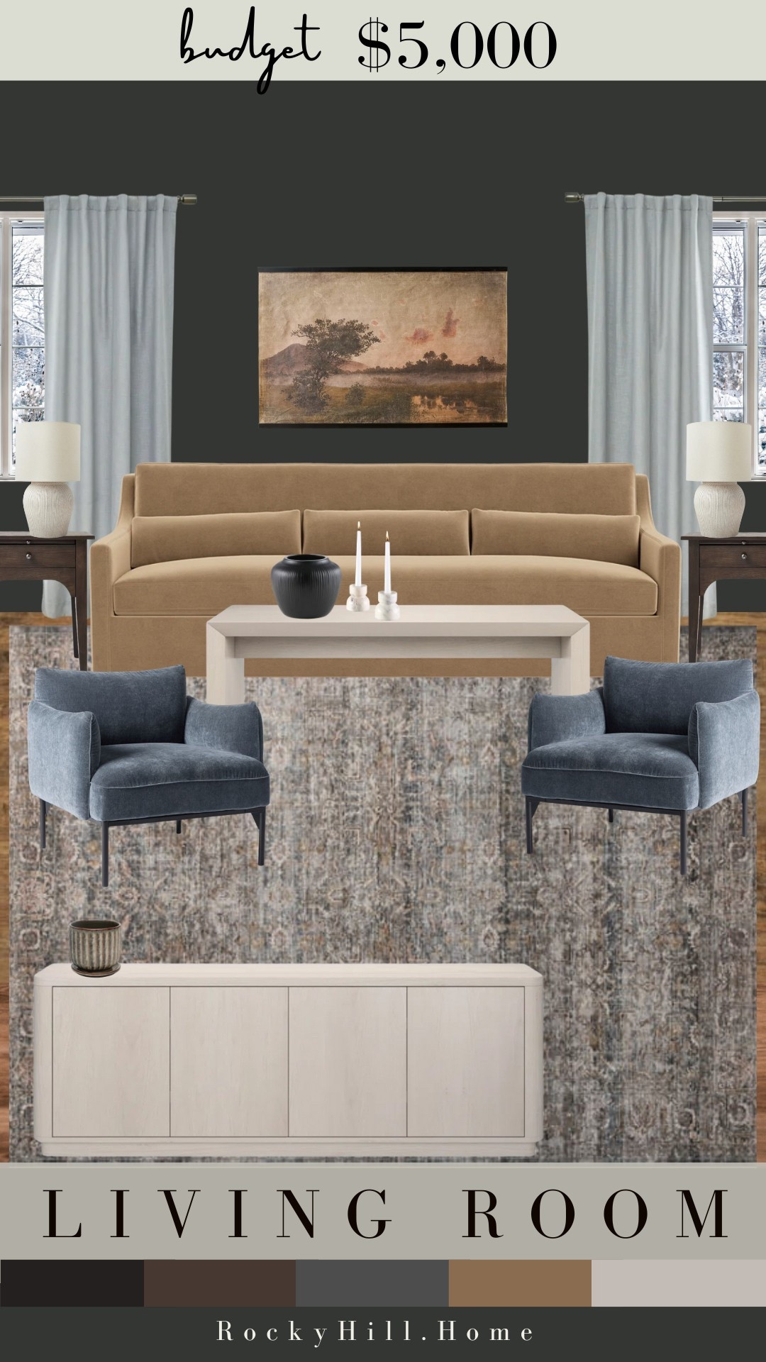 For this Living Room Design with a budget of $5000, I allocated half the money towards a show stopping sofa. Using an affordable 9x12 Amber Lewis x loloi rug to pull the color palette from, I landed on this gorgeous camel sofa. Mixing in shades of white, blue and brown, this mood board would make for a cozy, moody, yet sophisticated space. 

west elm Penn chair, affordable furniture, target side tables, magnolia large wall art, Walmart decor, high low budgett

#LTKStyleTip #LTKHome #LTKFindsUnder50