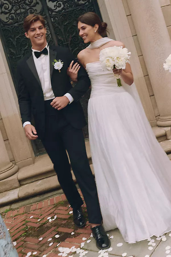 Jenny by Jenny Yoo Penelope Chiffon Strapless Drop-Waist Shirred Wedding Gown | Anthropologie (US)