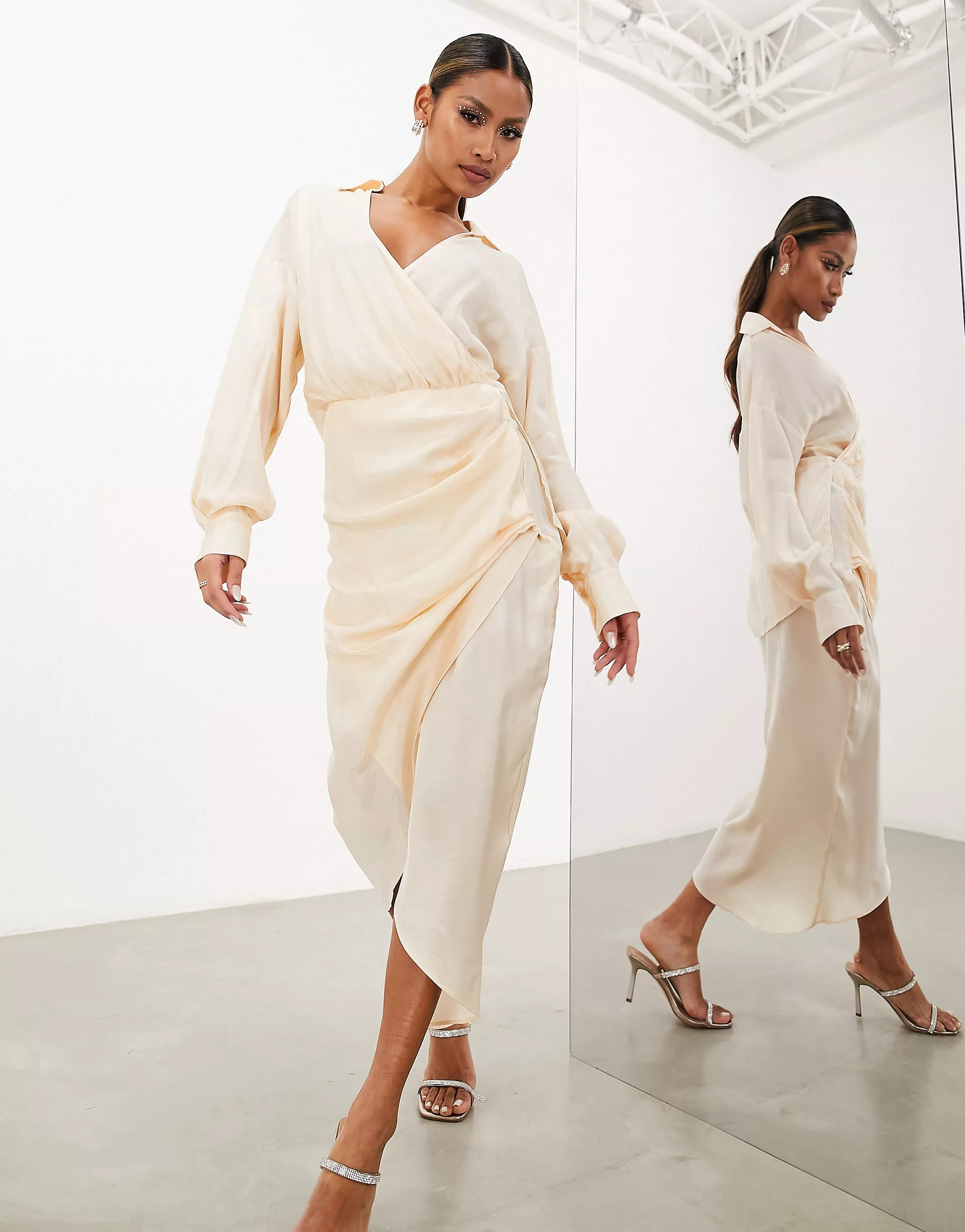ASOS EDITION drape detail midi shirt dress in seashell | ASOS (Global)