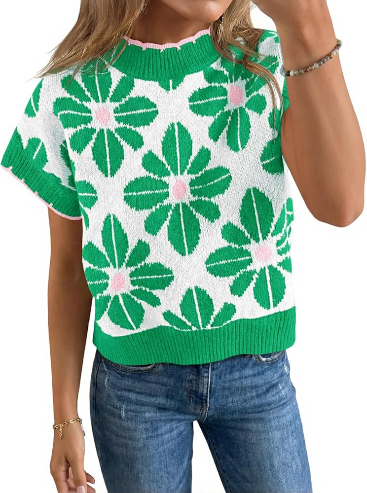 Saodimallsu Womens Floral Sweater Tops Short Sleeve Vintage Crew Neck Loose Knit Summer Pullover ... | Amazon (US)