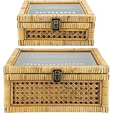Rattan Square Box with Lid - Set of 2 Wicker Decorative Bins with Glass Cover for Display | Amazon (US)
