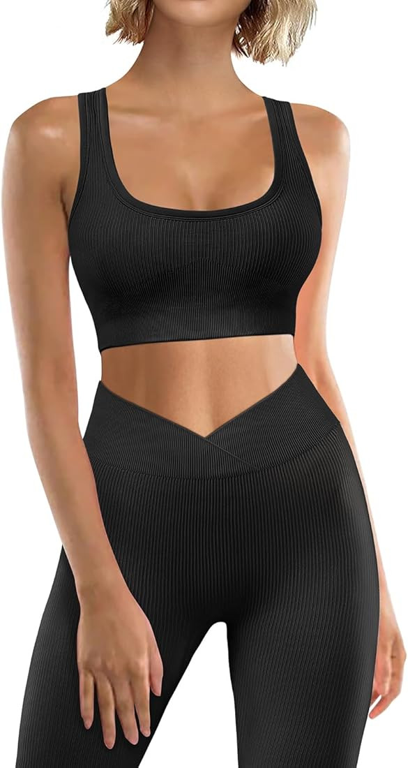 JZC Workout Outfits for Women 2 Piece Ribbed Seamless Yoga Leggings Exercise Sets | Amazon (US)